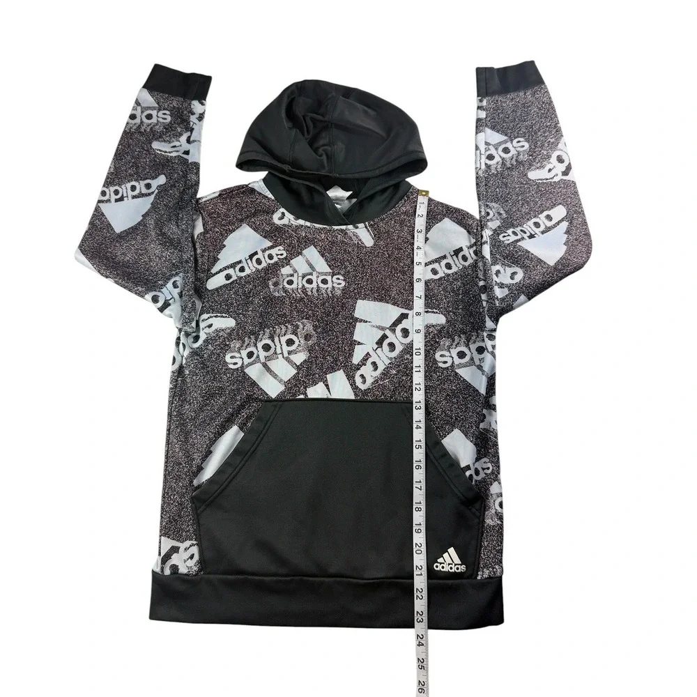 Adidas Boys Large 14/16 Pullover Hoodie Black White All Over Logo Print Sporty